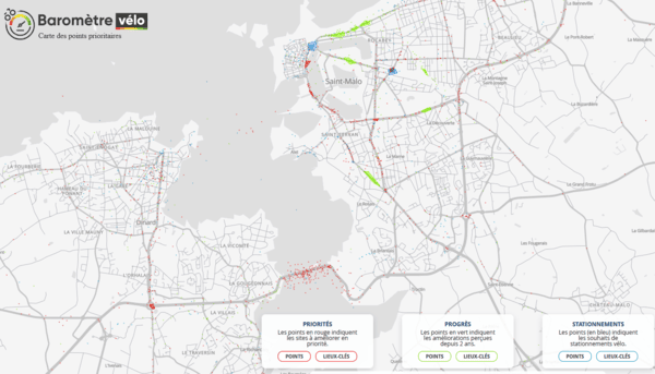 Cartographie des points négatifs (noir), des aménagements positifs (vert) et des besoins de stationnement (bleu) de Saint Malo selon le Baromètre 2025